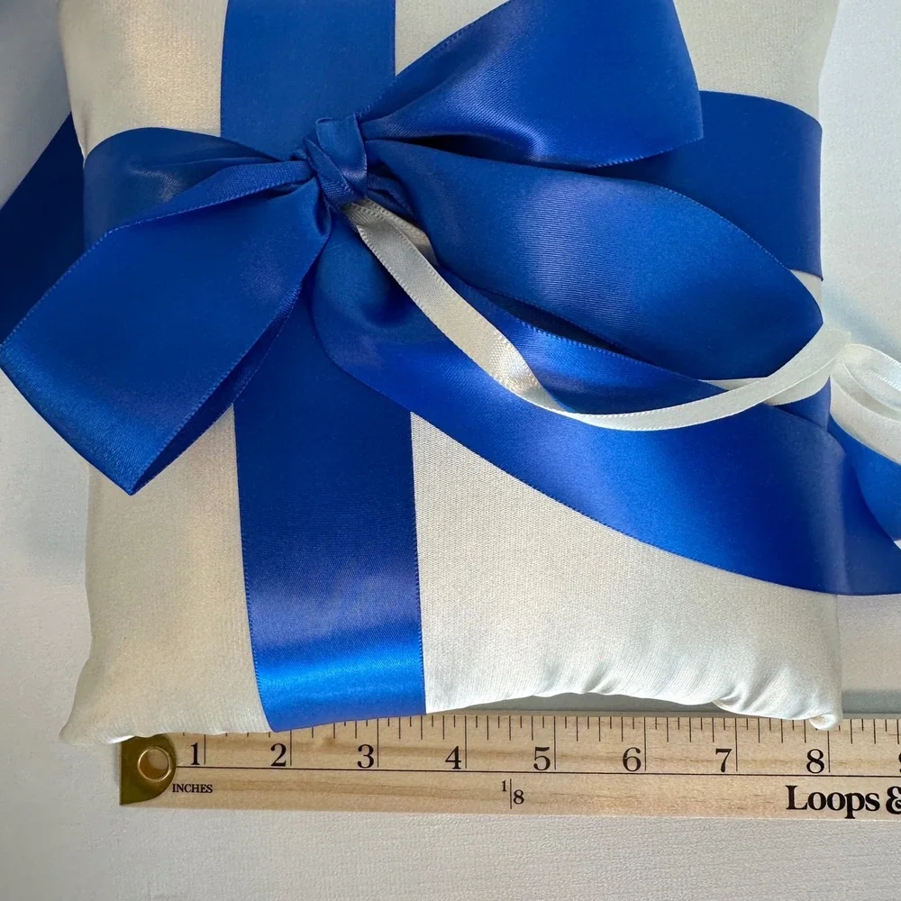 Wedding Ring Bearer Pillow Ivory Satin Royal‎ Blue Ribbon Bow Set of 2